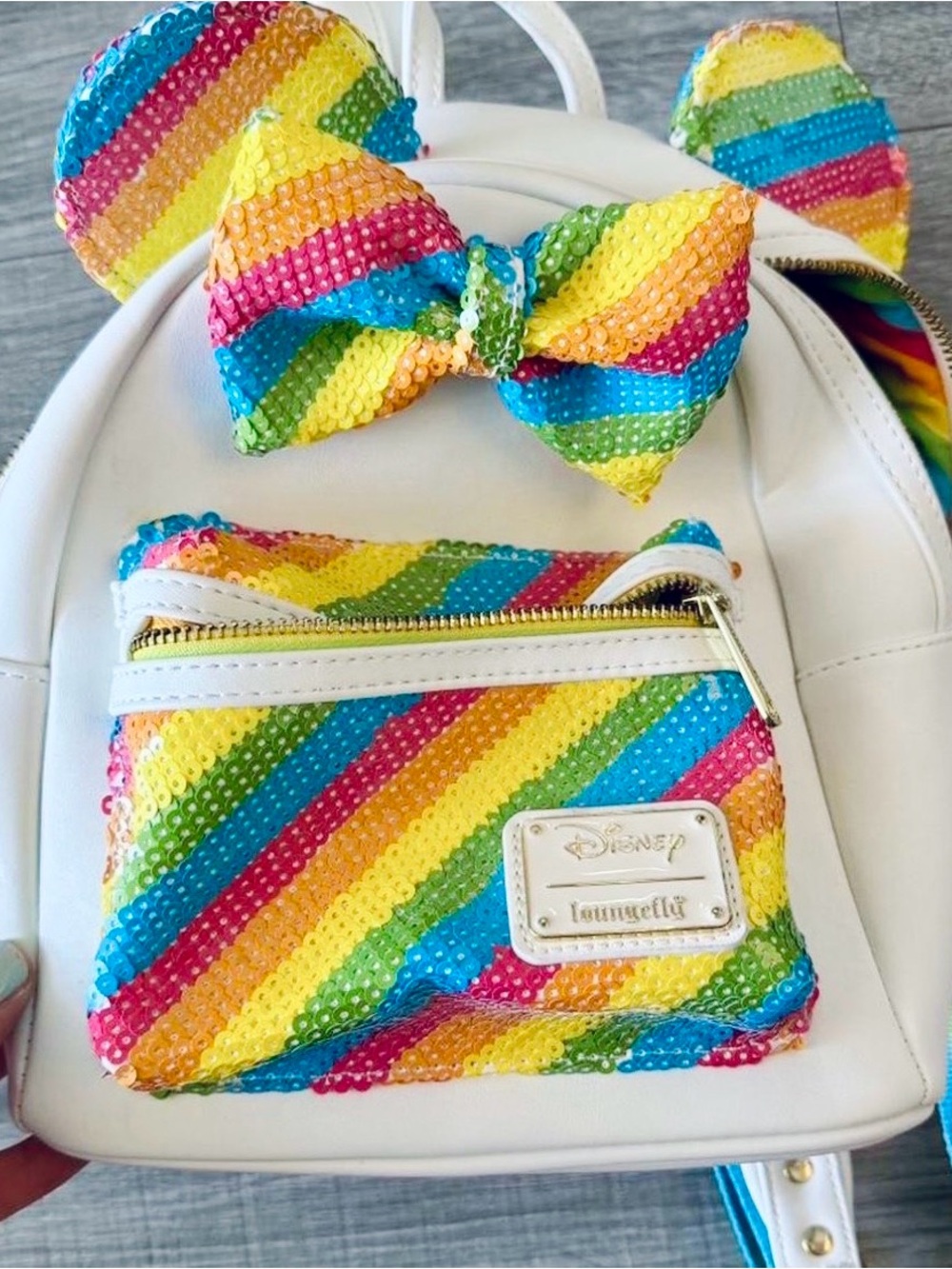 Disney Minnie Mouse Loungefly Backpack White with Multicolor Rainbow Sequins